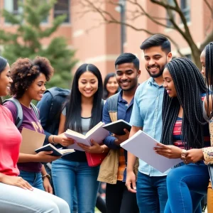 A group of diverse international students studying together at the University of Memphis.