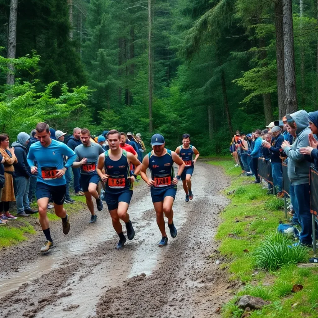 Runners competing in the Viper 200 ultramarathon in muddy conditions.