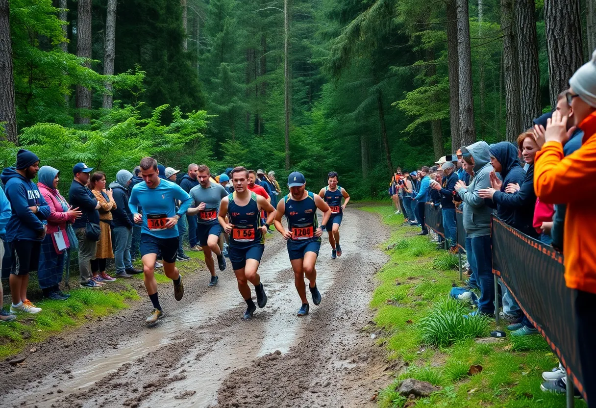 Runners competing in the Viper 200 ultramarathon in muddy conditions.