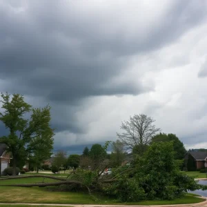 Scene of storm damage with fallen trees in Arlington Tennessee
