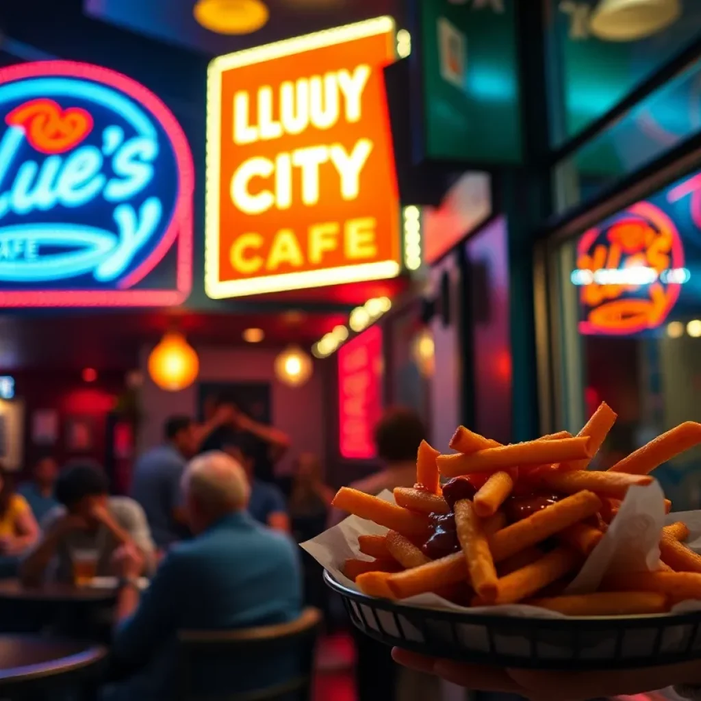 People enjoying late-night dining at Blues City Cafe with neon lights