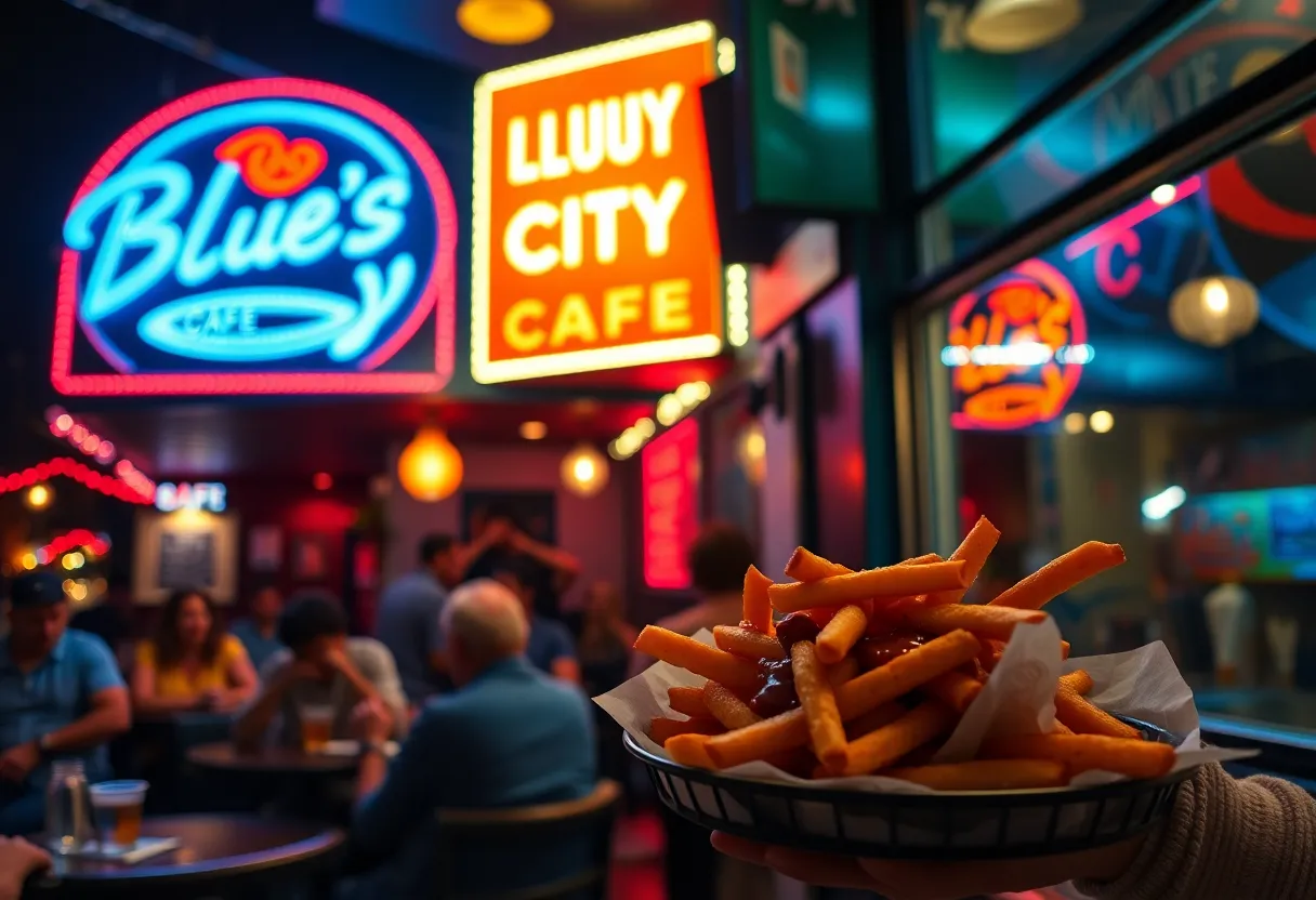 People enjoying late-night dining at Blues City Cafe with neon lights