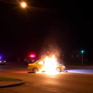 Burning car during a police investigation in Memphis neighborhood