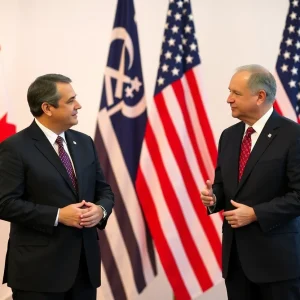 A meeting between Canadian and U.S. leaders discussing trade tensions.