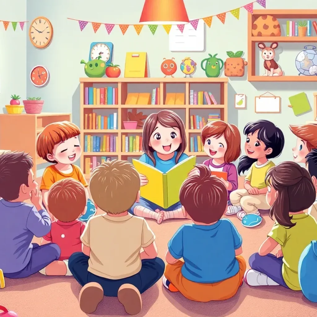 Preschool children enjoying a read-along session with a storyteller.