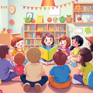 Preschool children enjoying a read-along session with a storyteller.