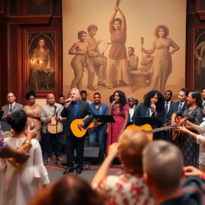 A lively atmosphere at the music award ceremony showcasing artists celebrating social justice through music.
