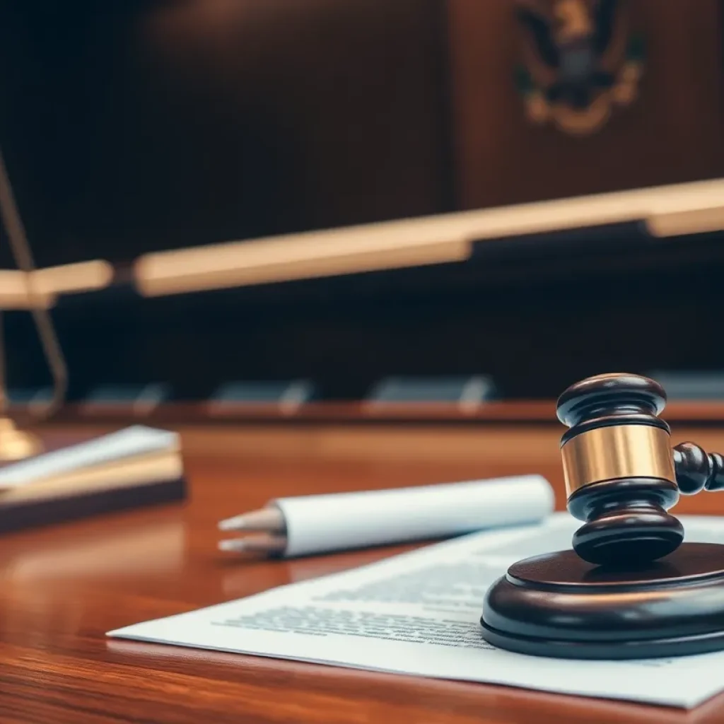 A gavel, legal documents, and an American flag in a courtroom