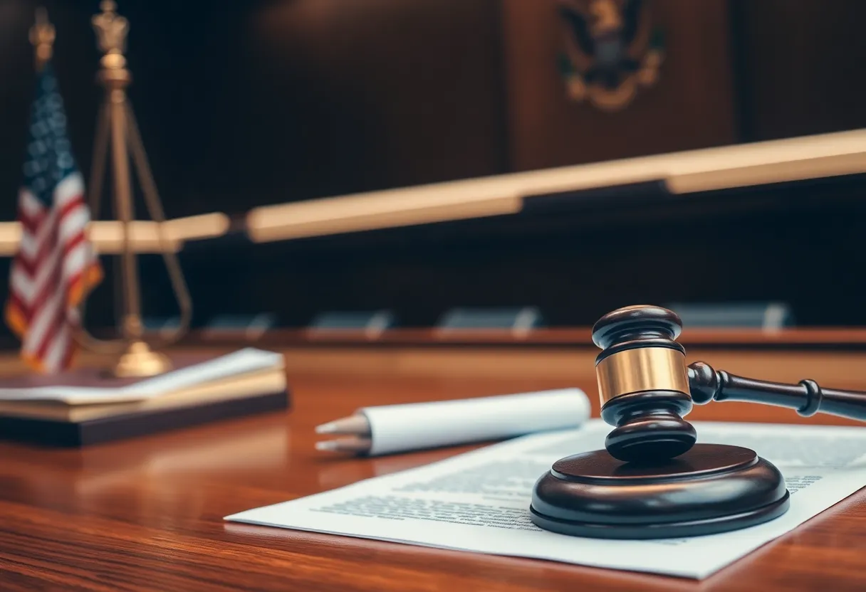 A gavel, legal documents, and an American flag in a courtroom