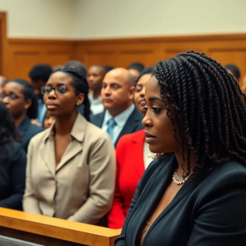 Diverse courtroom scene reacting to a controversial verdict