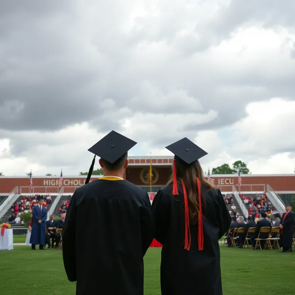 Setup for Dyersburg High School graduation ceremony under cloudy skies