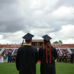 Setup for Dyersburg High School graduation ceremony under cloudy skies