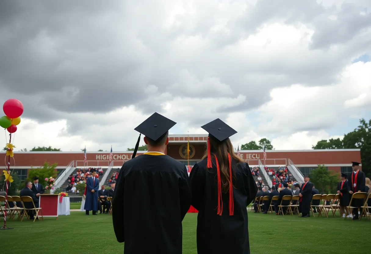 Setup for Dyersburg High School graduation ceremony under cloudy skies