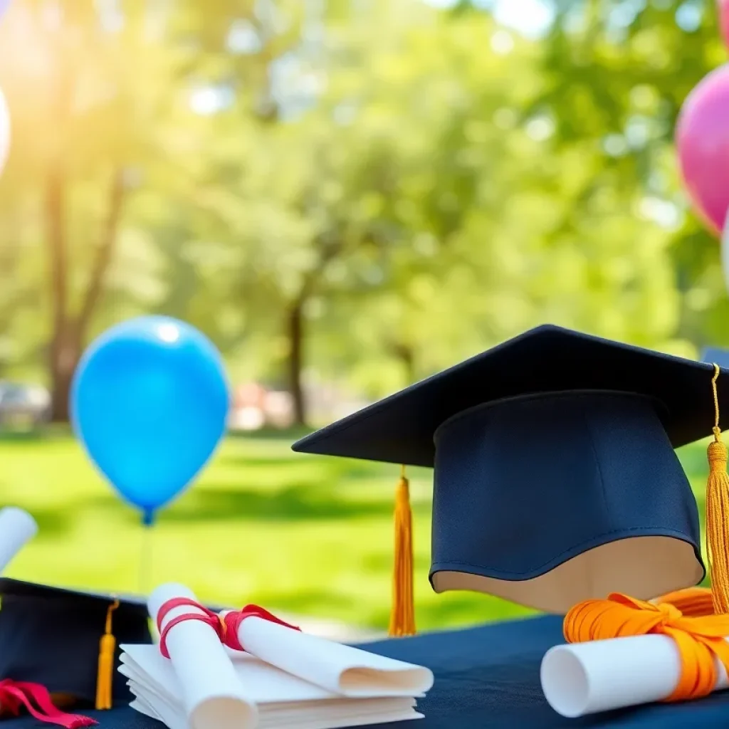 Decoration and setup for Dyersburg High School graduation in a park