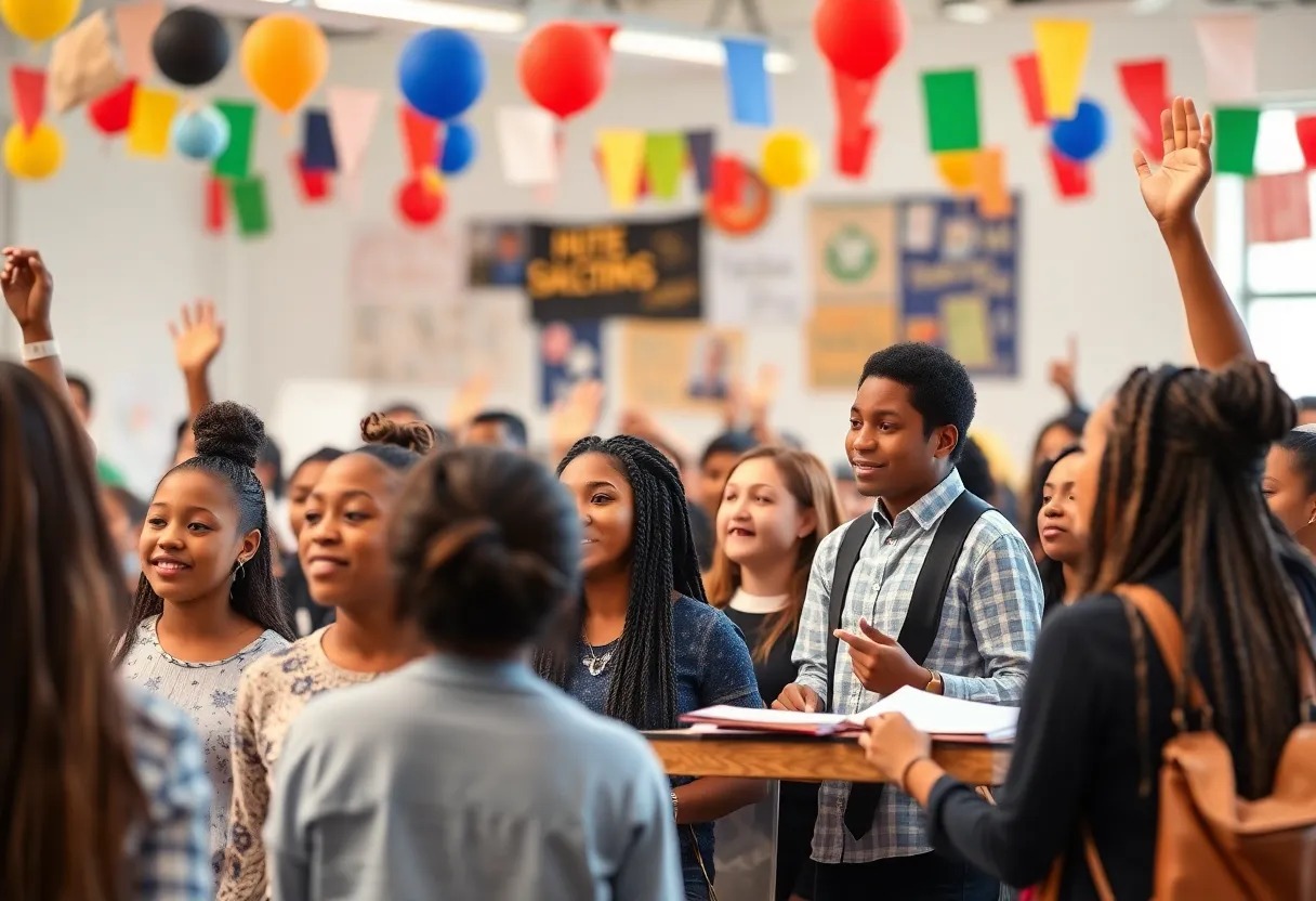 Students and teachers celebrating education and social justice in a diverse community setting.