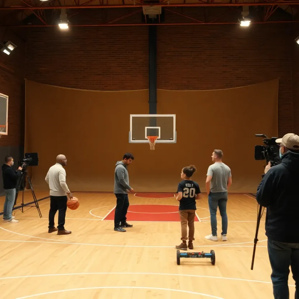 Film set with a basketball court backdrop