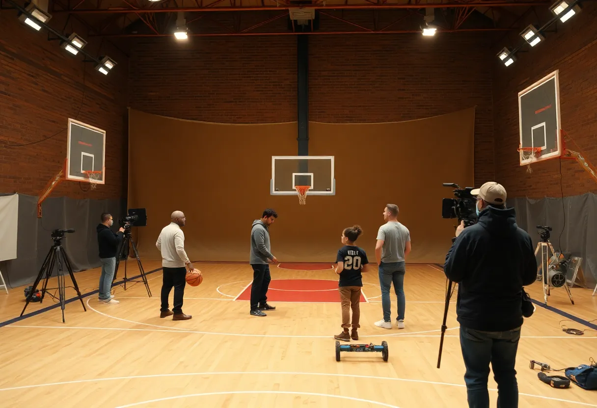 Film set with a basketball court backdrop