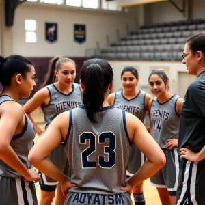 Women's basketball team practicing with a coach