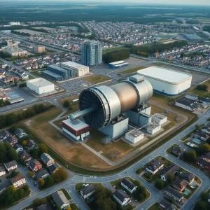 Aerial view of a gas turbine facility near residential neighborhoods.