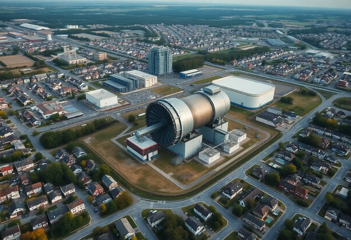 Aerial view of a gas turbine facility near residential neighborhoods.