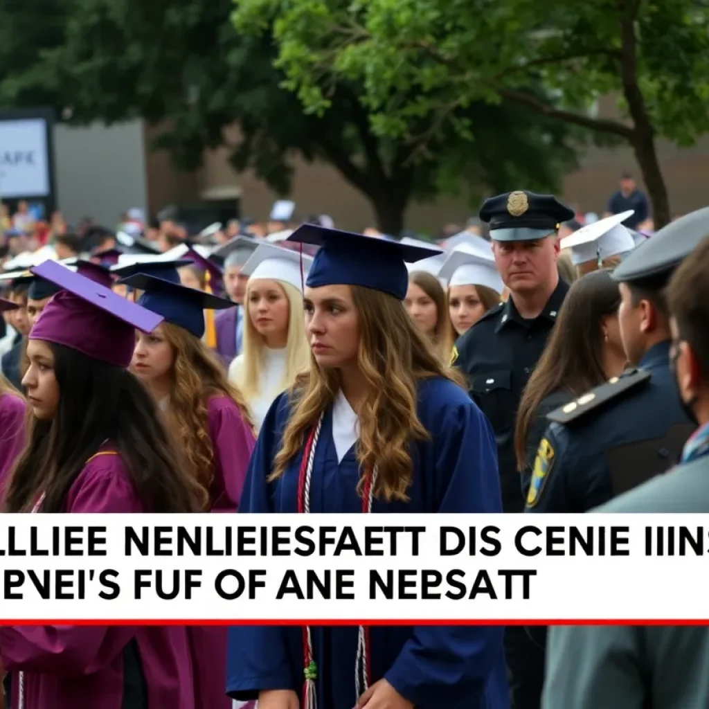 A graduation ceremony with police presence highlighting safety concerns.