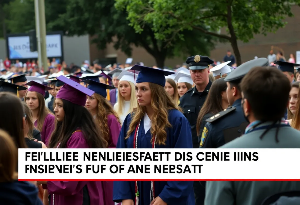 A graduation ceremony with police presence highlighting safety concerns.