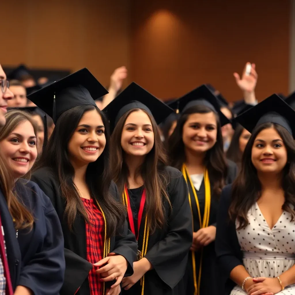 Students celebrating at a graduation ceremony amidst a tense atmosphere.