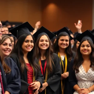 Students celebrating at a graduation ceremony amidst a tense atmosphere.