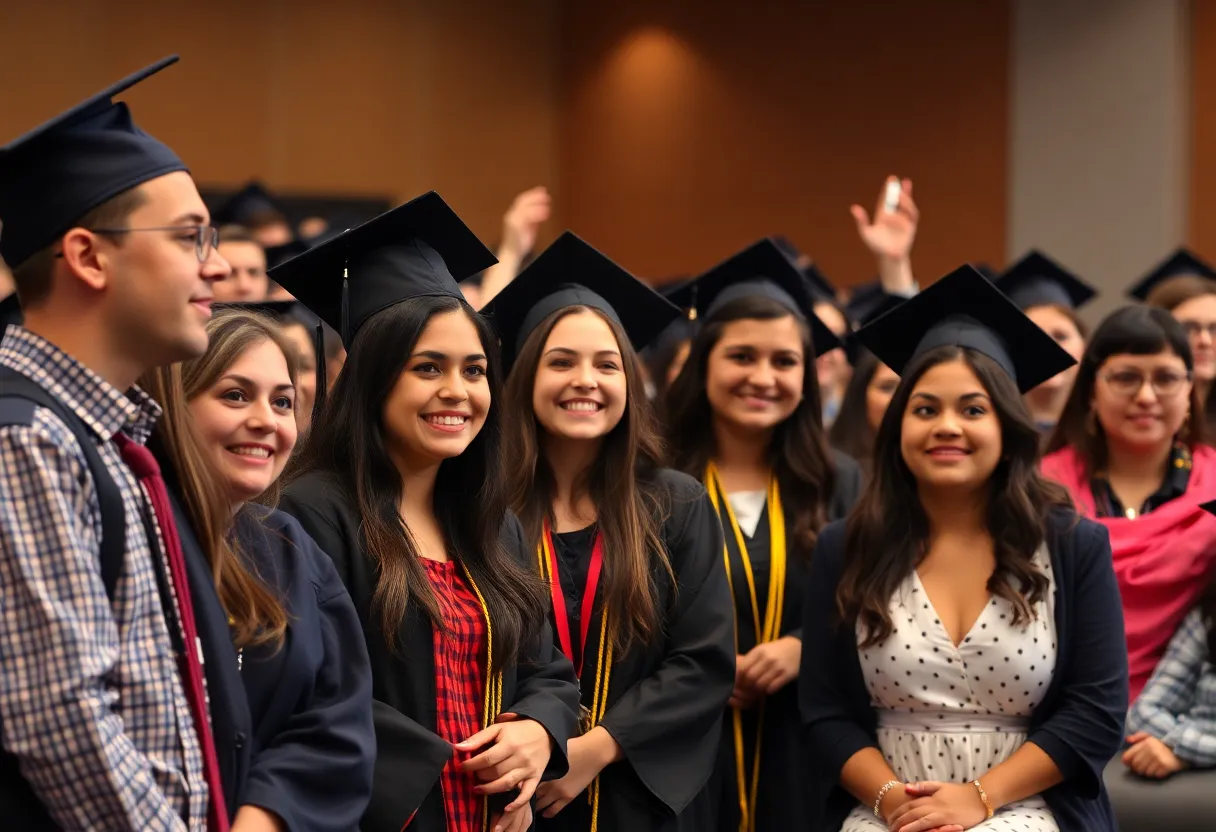 Students celebrating at a graduation ceremony amidst a tense atmosphere.
