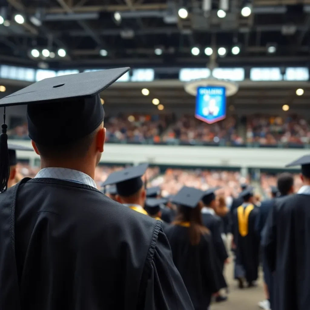 Graduation ceremony with security personnel present at a convention center.