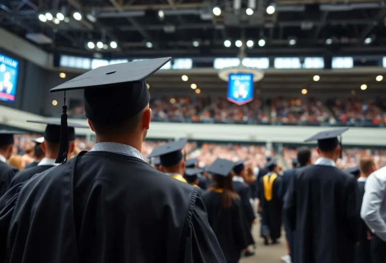 Graduation ceremony with security personnel present at a convention center.
