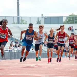Athletes celebrating victory at a track and field championship