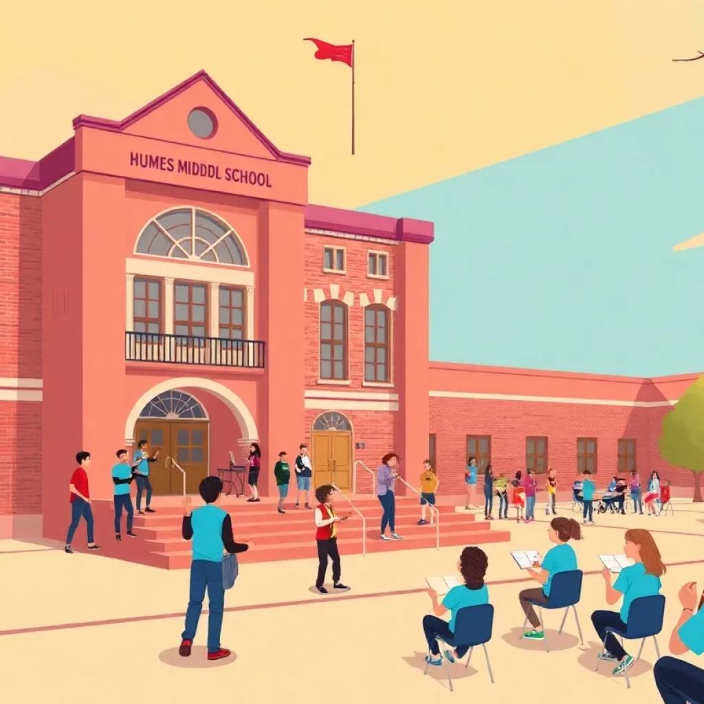 Humes Middle School facade with students involved in arts education activities