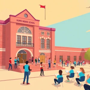 Humes Middle School facade with students involved in arts education activities