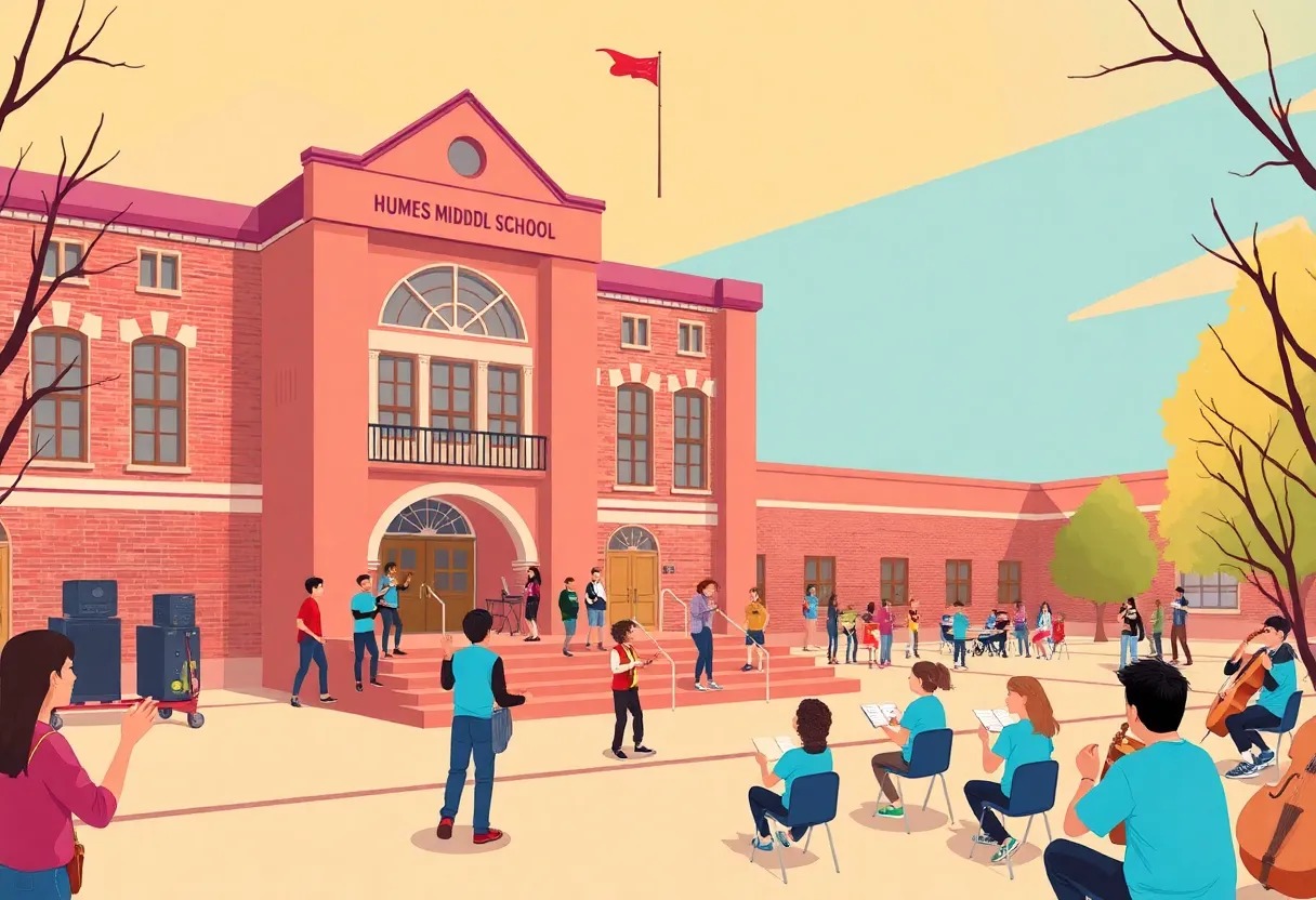 Humes Middle School facade with students involved in arts education activities
