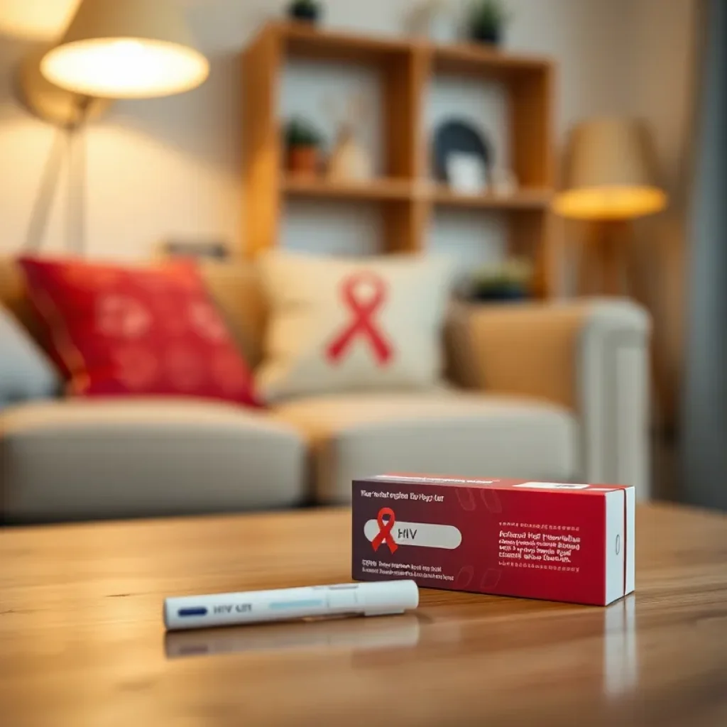 A discreet HIV testing kit on a table in a cozy home environment