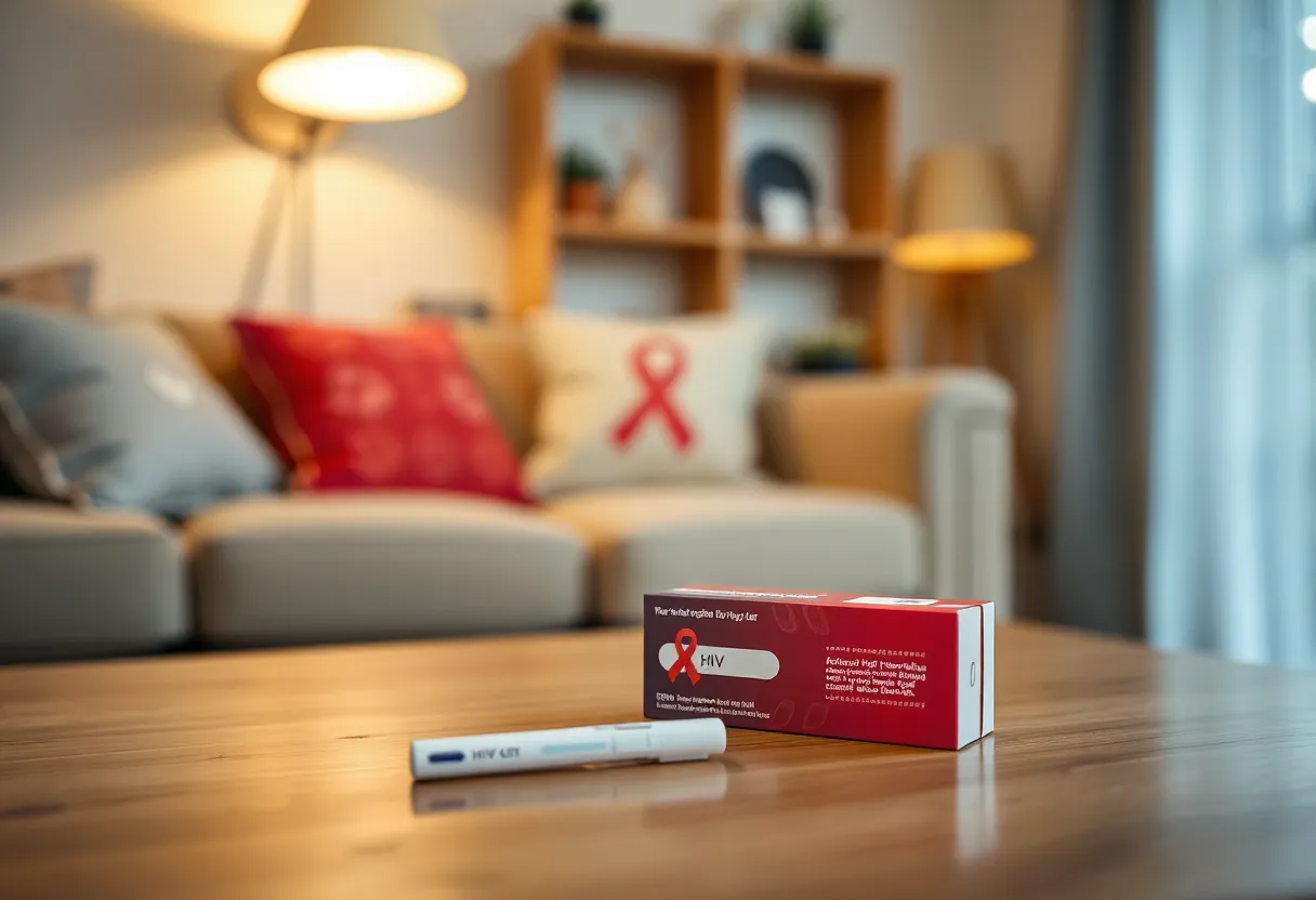 A discreet HIV testing kit on a table in a cozy home environment