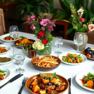 Table set for a Juneteenth dinner with diverse plant-based dishes