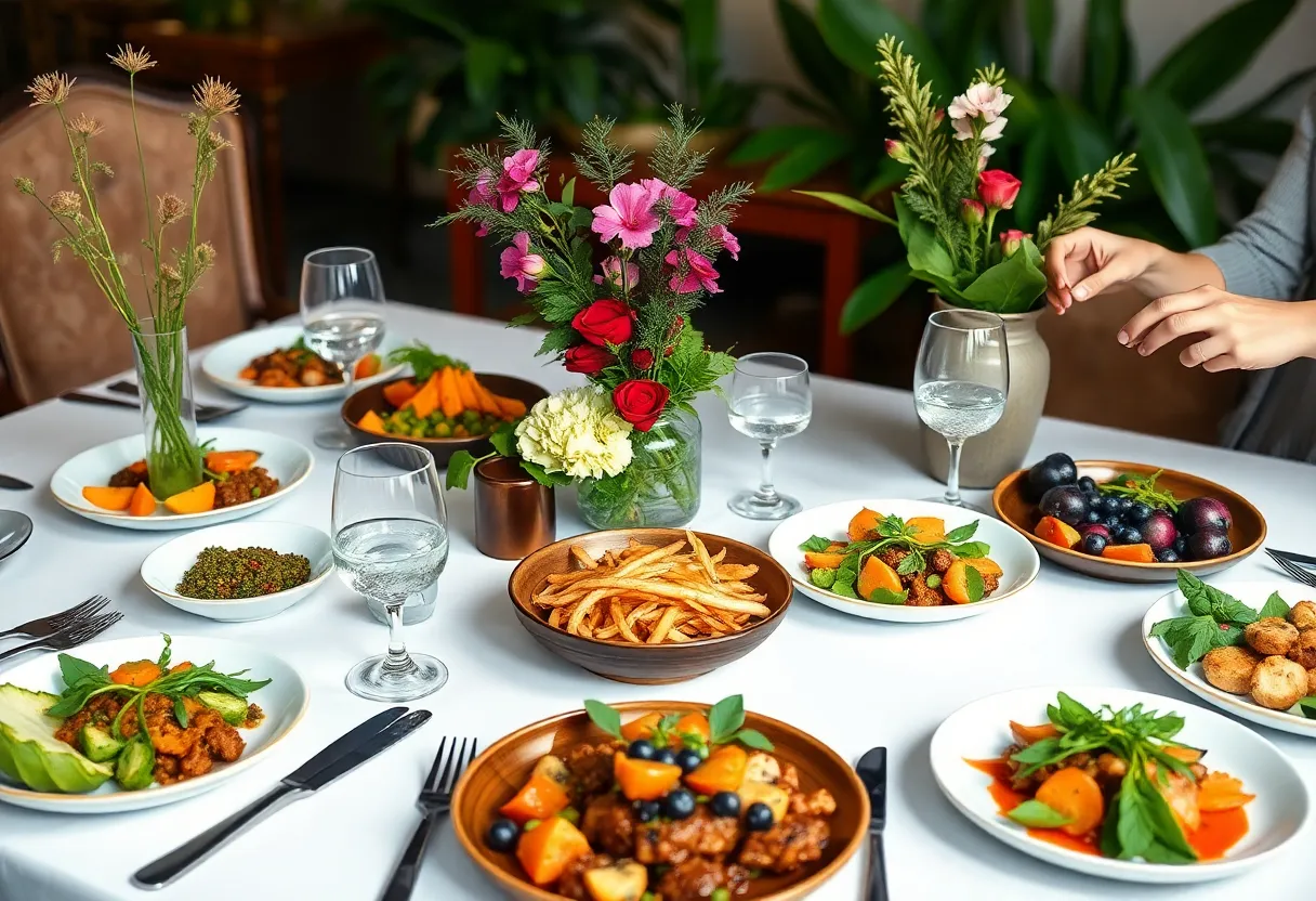 Table set for a Juneteenth dinner with diverse plant-based dishes
