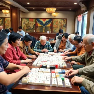 Group of people actively playing mahjong at Restaurant Iris in Memphis