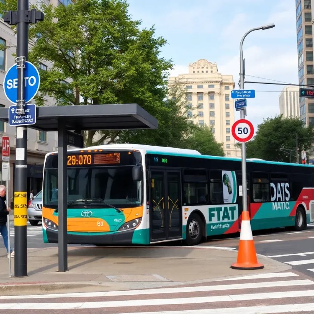 MATA bus at an intersection in Midtown Memphis with pedestrians.