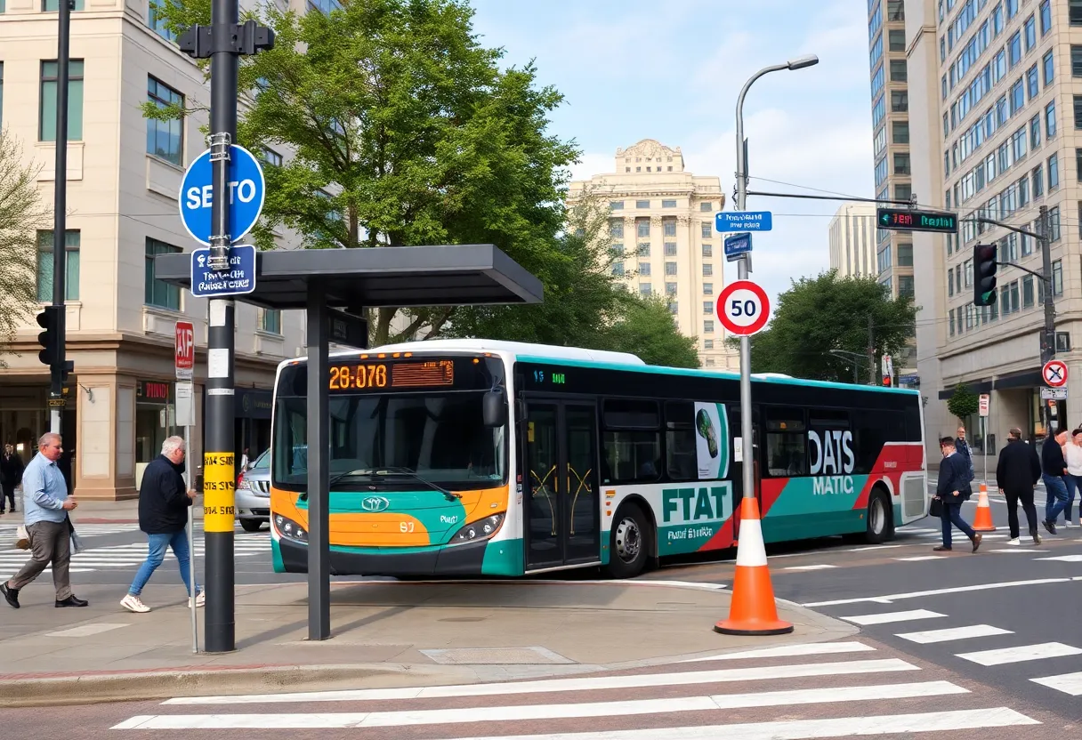 MATA bus at an intersection in Midtown Memphis with pedestrians.
