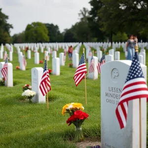 Family visiting a veteran's grave on Memorial Day