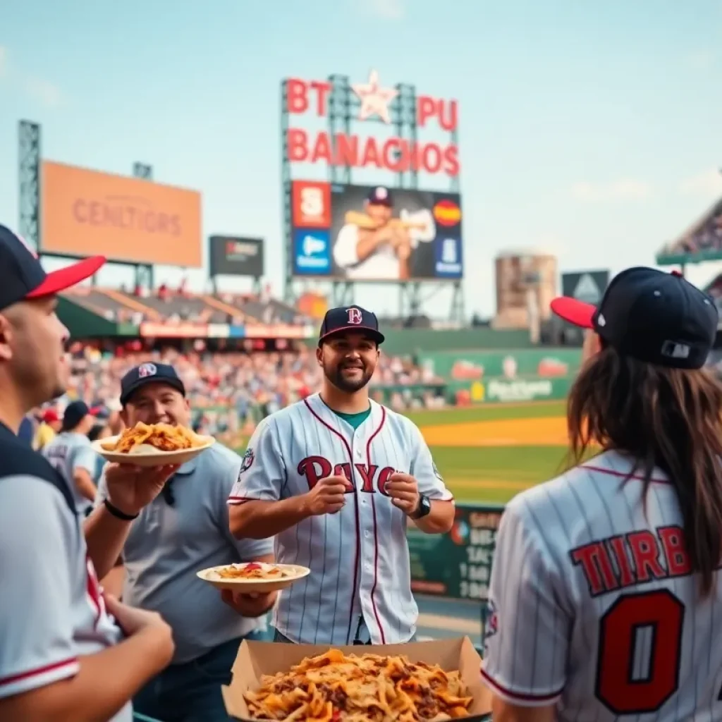 Fans celebrating BBQ Nachos at a baseball game