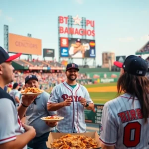 Fans celebrating BBQ Nachos at a baseball game