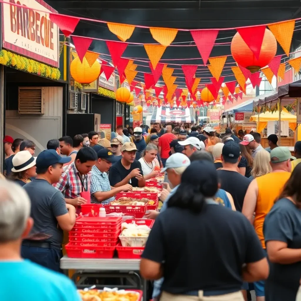 Crowd enjoying barbecue food at a festival in Memphis.