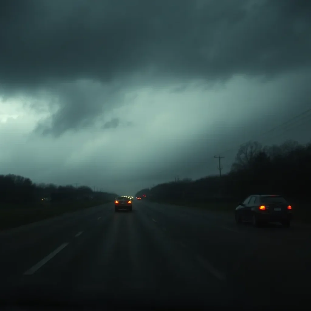 Dark stormy road in Memphis with a car off to the side.