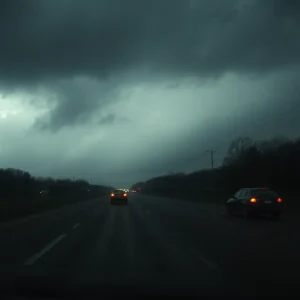 Dark stormy road in Memphis with a car off to the side.