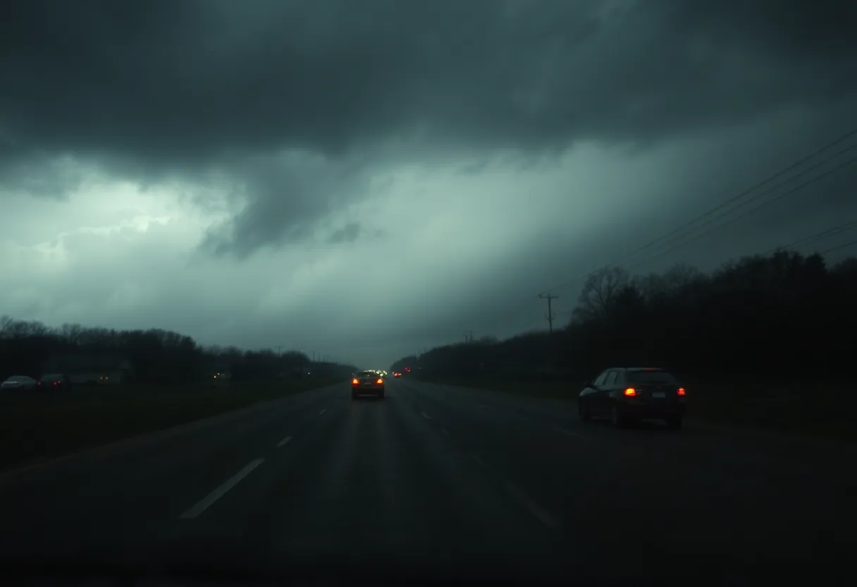 Dark stormy road in Memphis with a car off to the side.