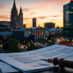 City courthouse in Memphis with legal documents in view